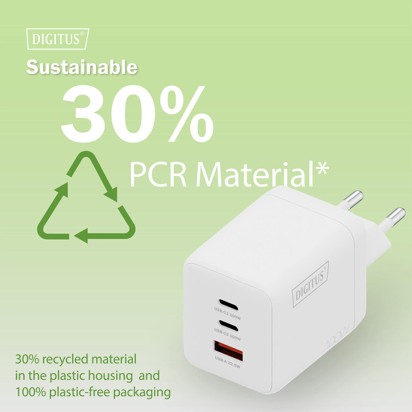 Зарядний пристрій DIGITUS GaN 2хUSB-C, 1хUSB-A, 100Wфото