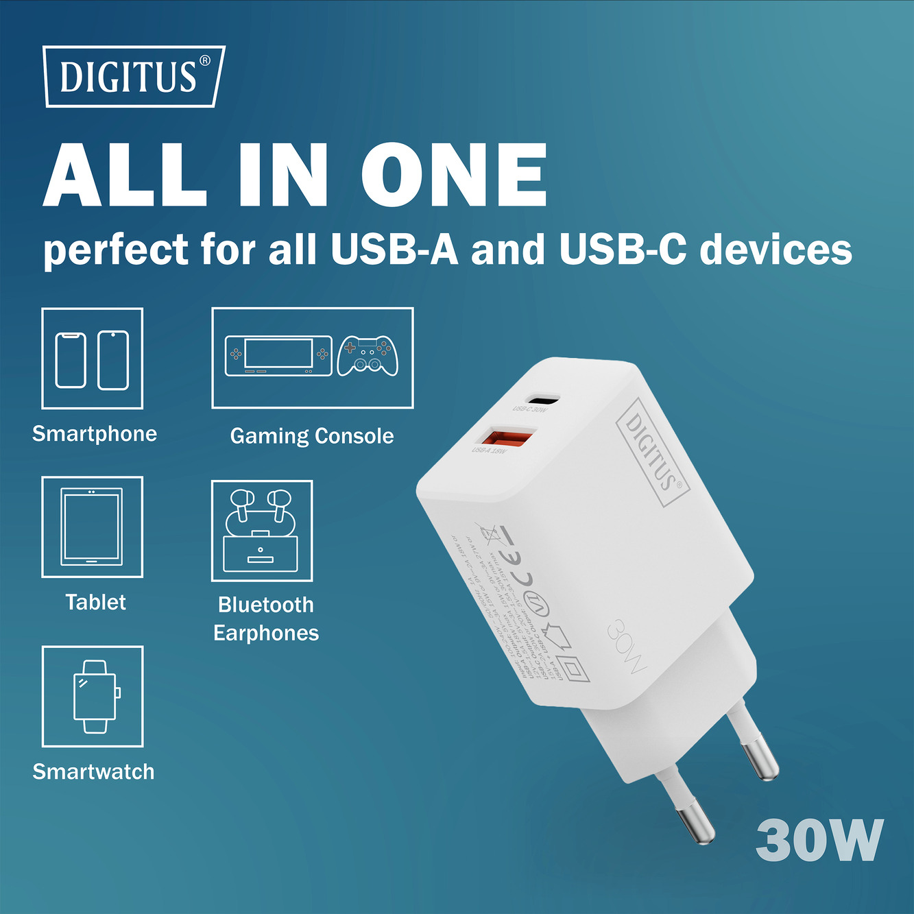 Зарядний пристрій DIGITUS GaN 1хUSB-C, 1хUSB-A, 30Wфото5