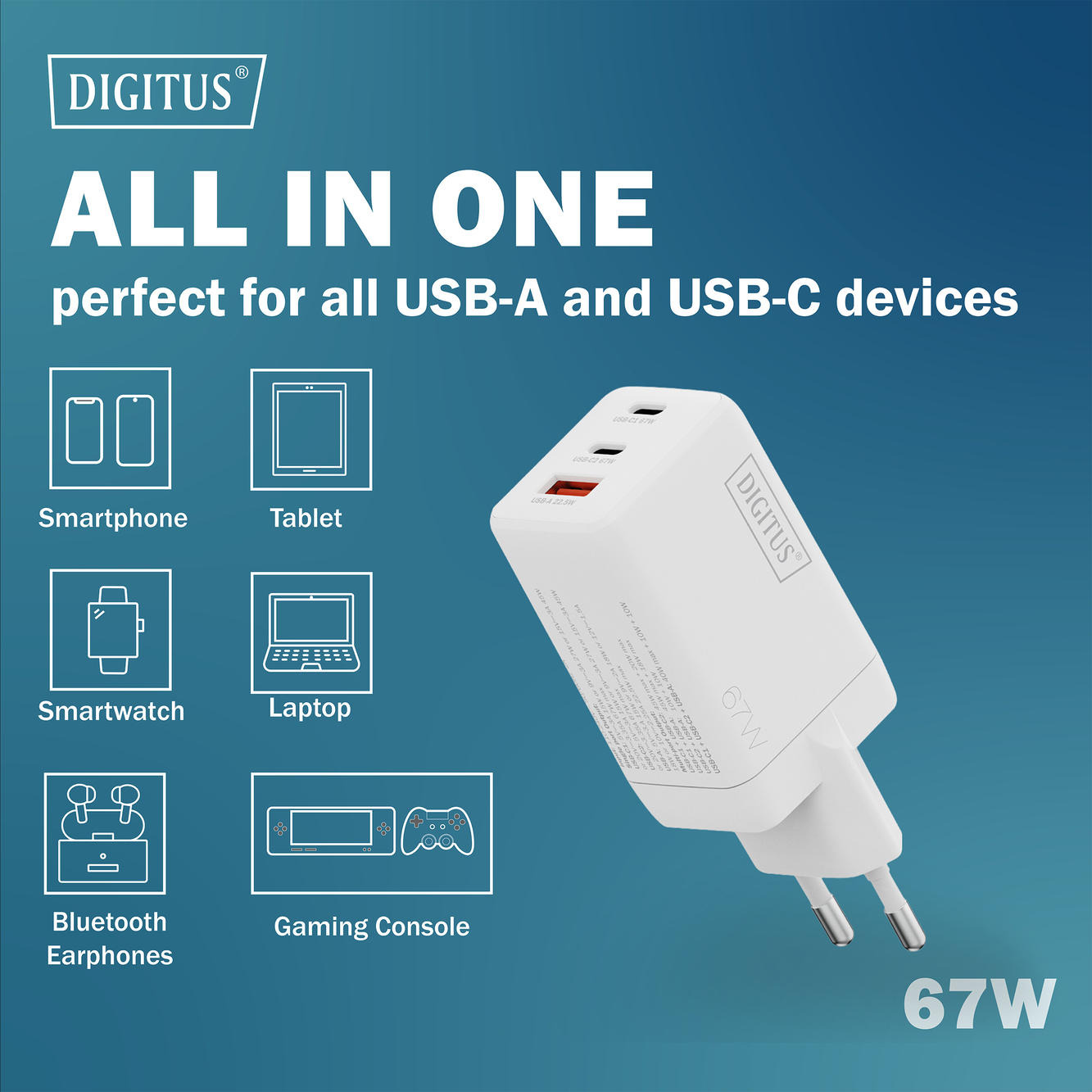 Зарядний пристрій DIGITUS GaN 2хUSB-C, 1хUSB-A, 67Wфото