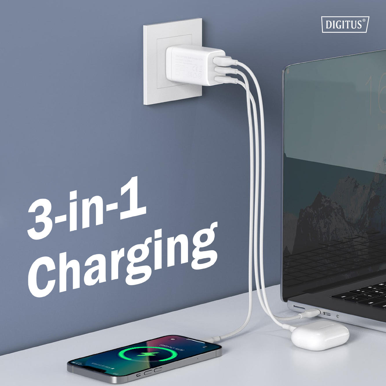 Зарядний пристрій DIGITUS GaN 2хUSB-C, 1хUSB-A, 67Wфото