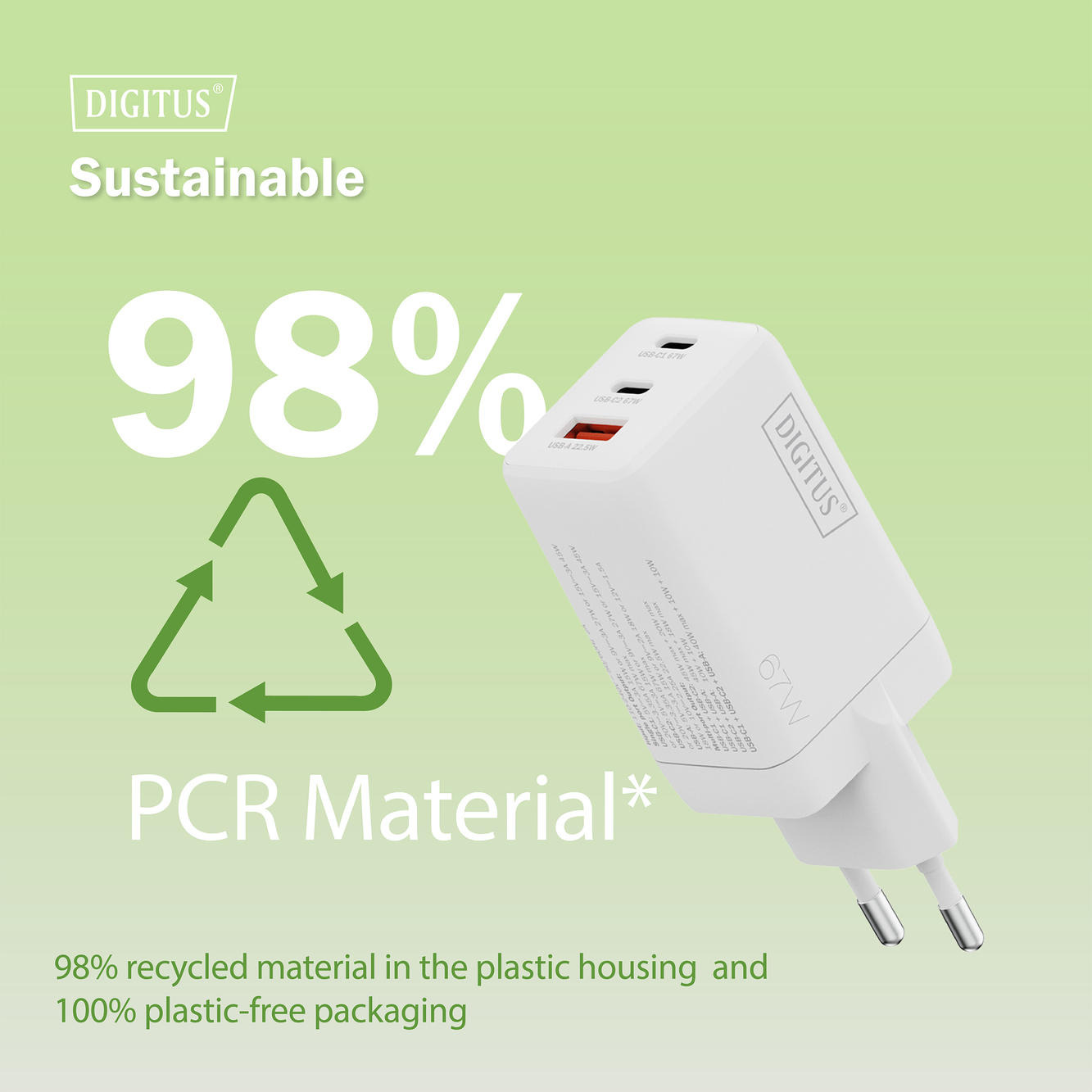 Зарядний пристрій DIGITUS GaN 2хUSB-C, 1хUSB-A, 67Wфото