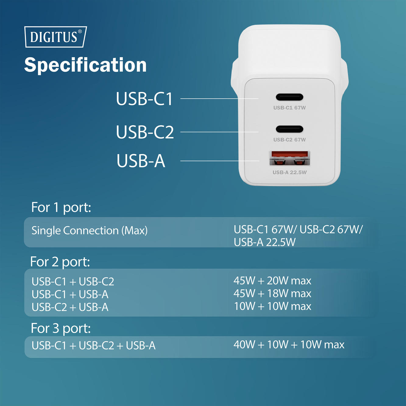 Зарядний пристрій DIGITUS GaN 2хUSB-C, 1хUSB-A, 67Wфото