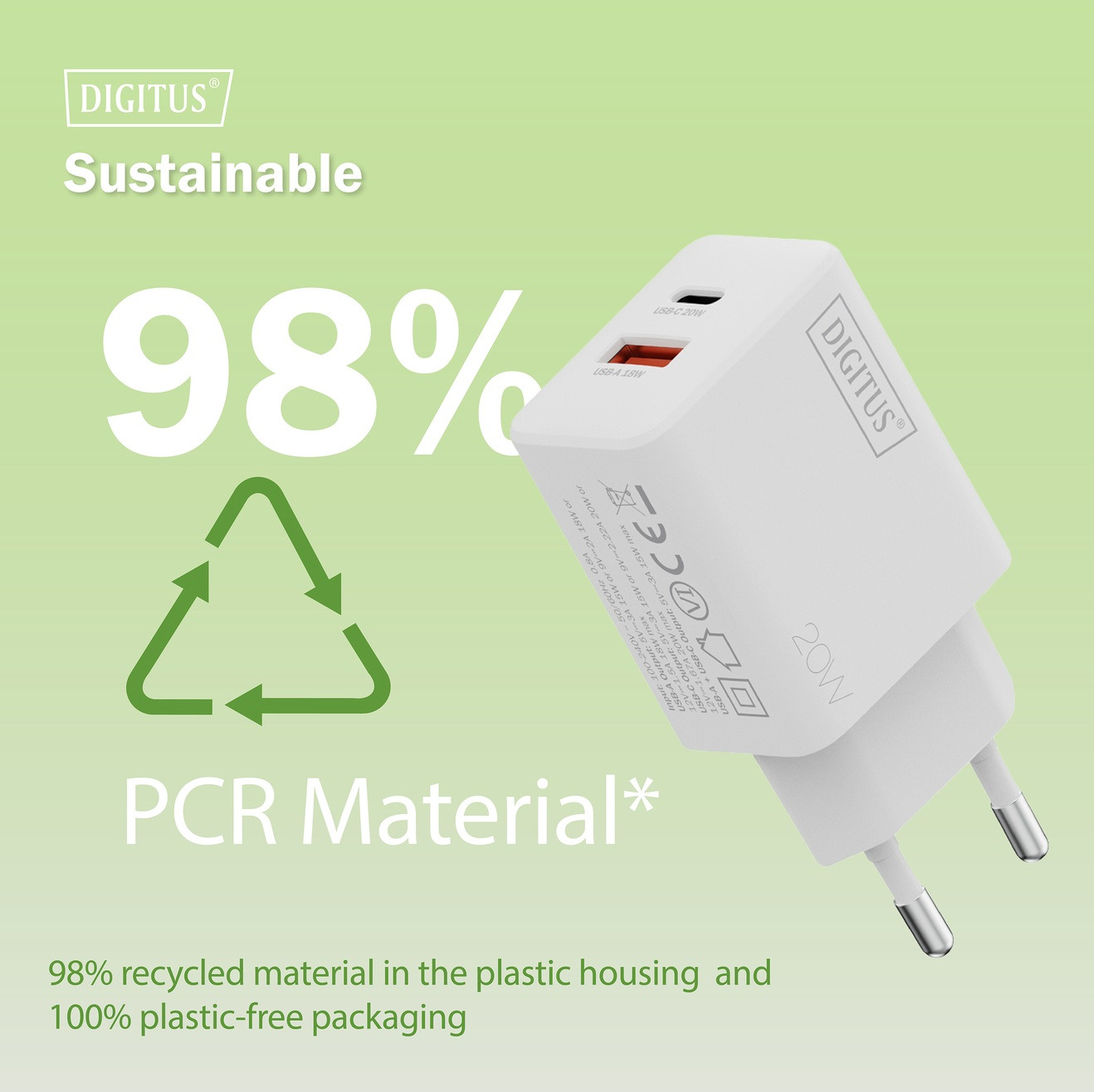 Зарядний пристрій DIGITUS 1хUSB-C, 1хUSB-A, 20Wфото