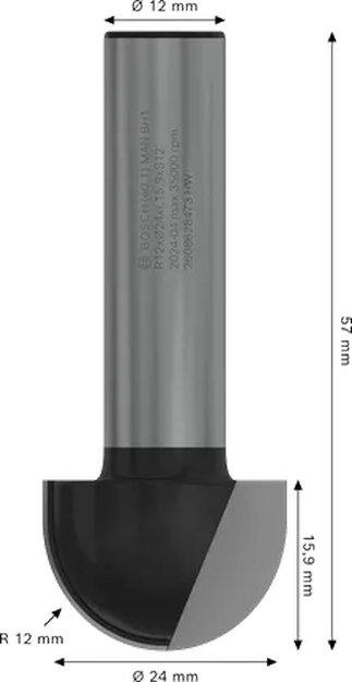 Фреза галтельна Bosch Professional Std S8 R12 D24 L15.9 (2.608.628.473) фото2