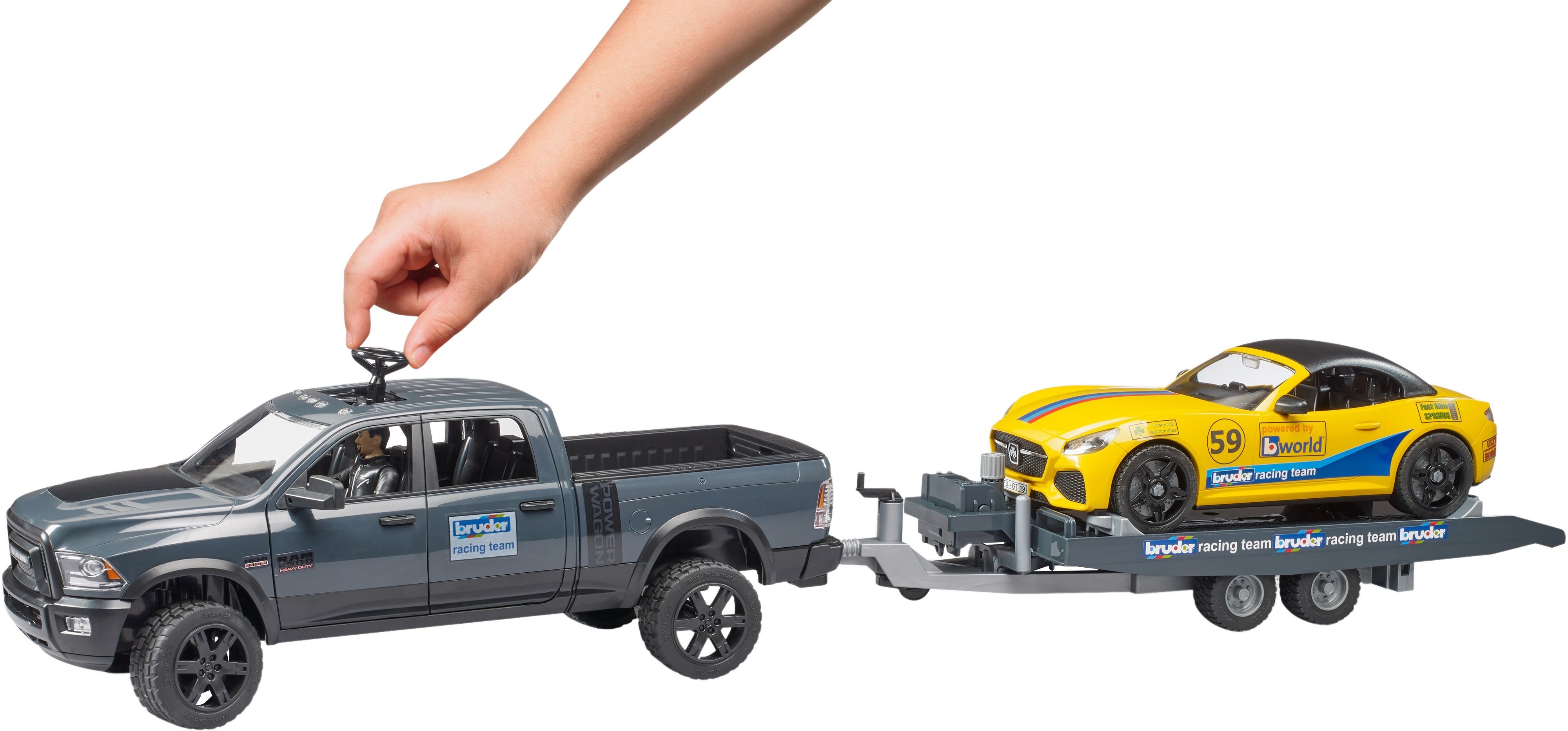 Автомобиль Bruder RAM 2500 с прицепом-лафтетой, Roadster Bruder и фигуркой (2504) фото 