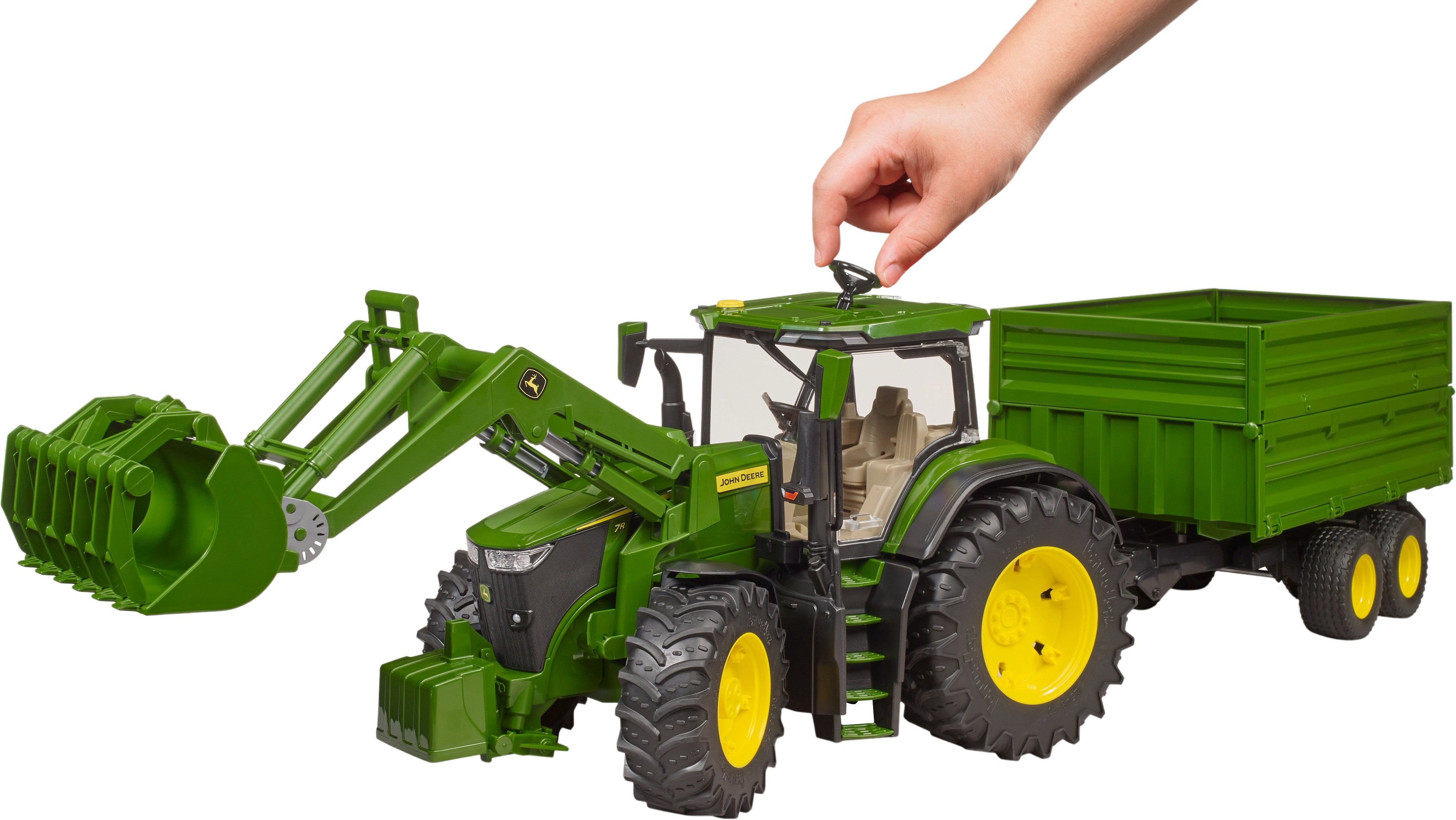 Трактор Bruder John Deere 7R 350 с передним погрузчиком и прицепом (3155) фото 