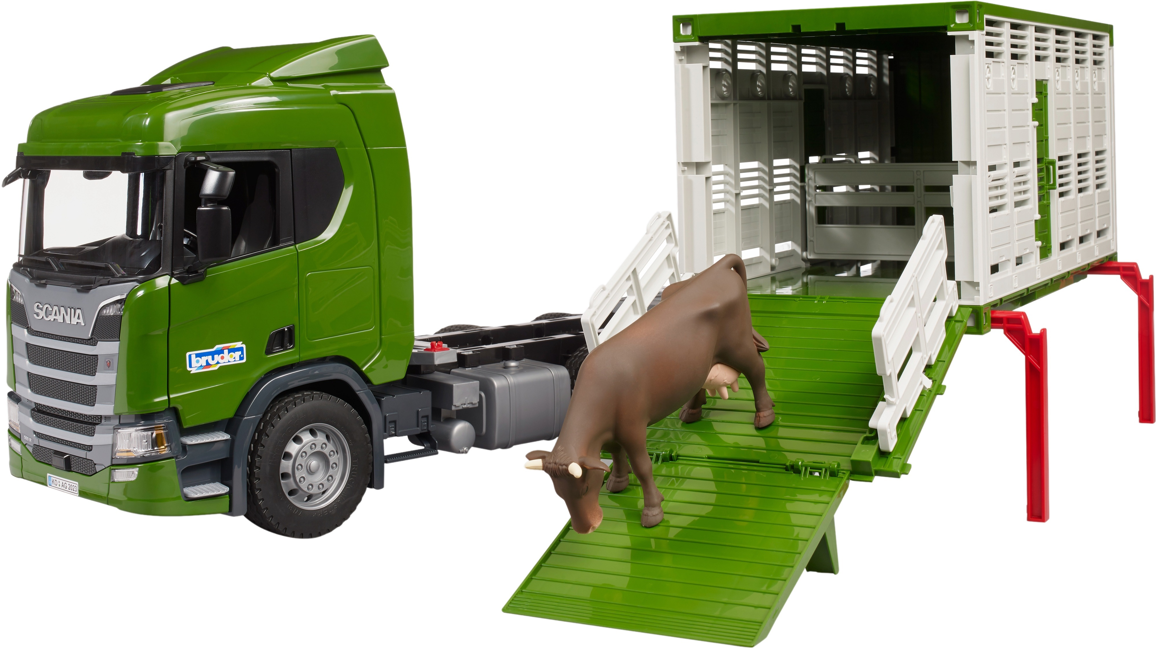 Автомобиль Bruder Scania Super 560R для перевозки животных с коровой (3548) фото 