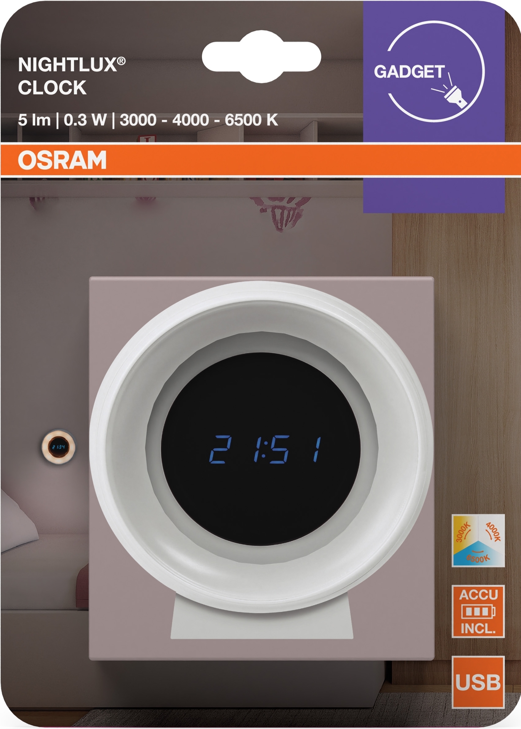 Світильник нічник з акумулятором OSRAM NIGHTLUX CLOCK 0.3Вт, 5Лм, білий (4099854530838)фото6