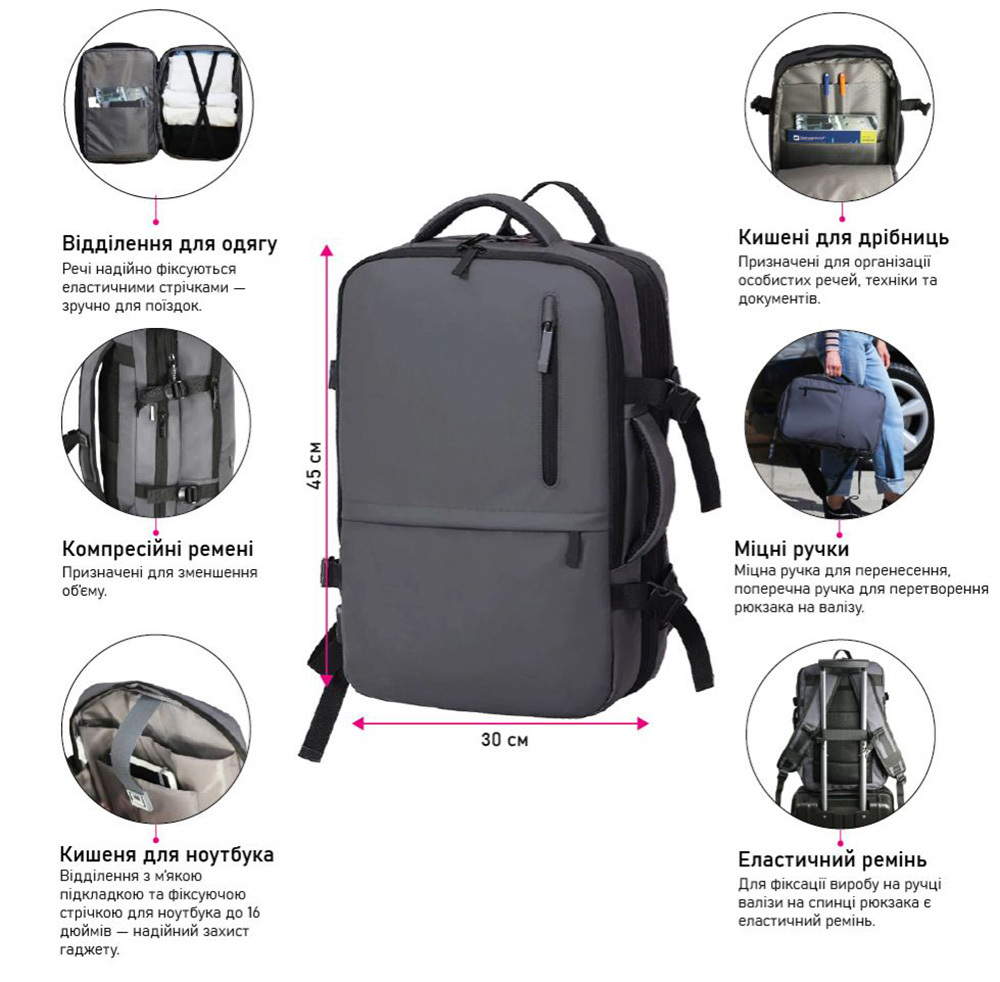 Рюкзак NikiBo Journey 20-30L 30012505-01 чорнийфото9