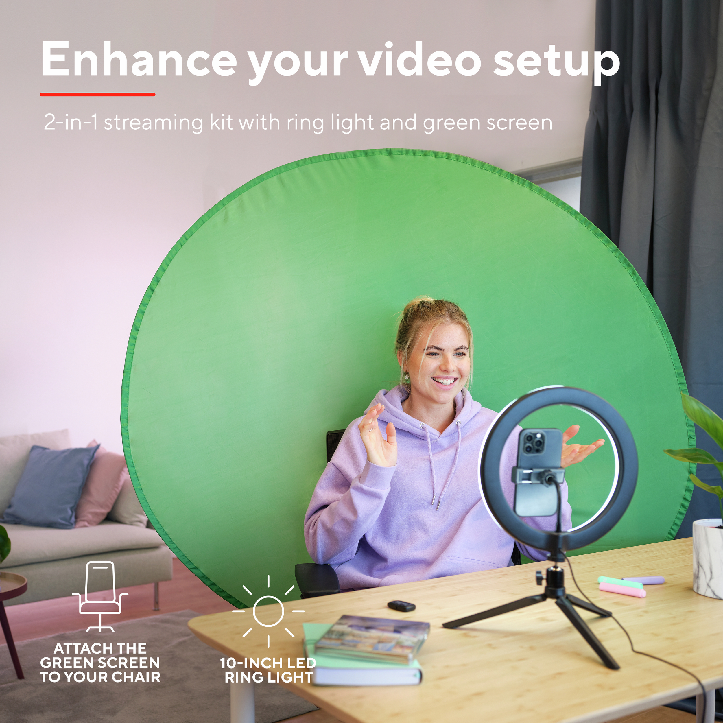 Комплект для стриминга Trust Maku+ 2-in-1 Streaming Kit, зеленый фон и кольцевая лампа фото 16