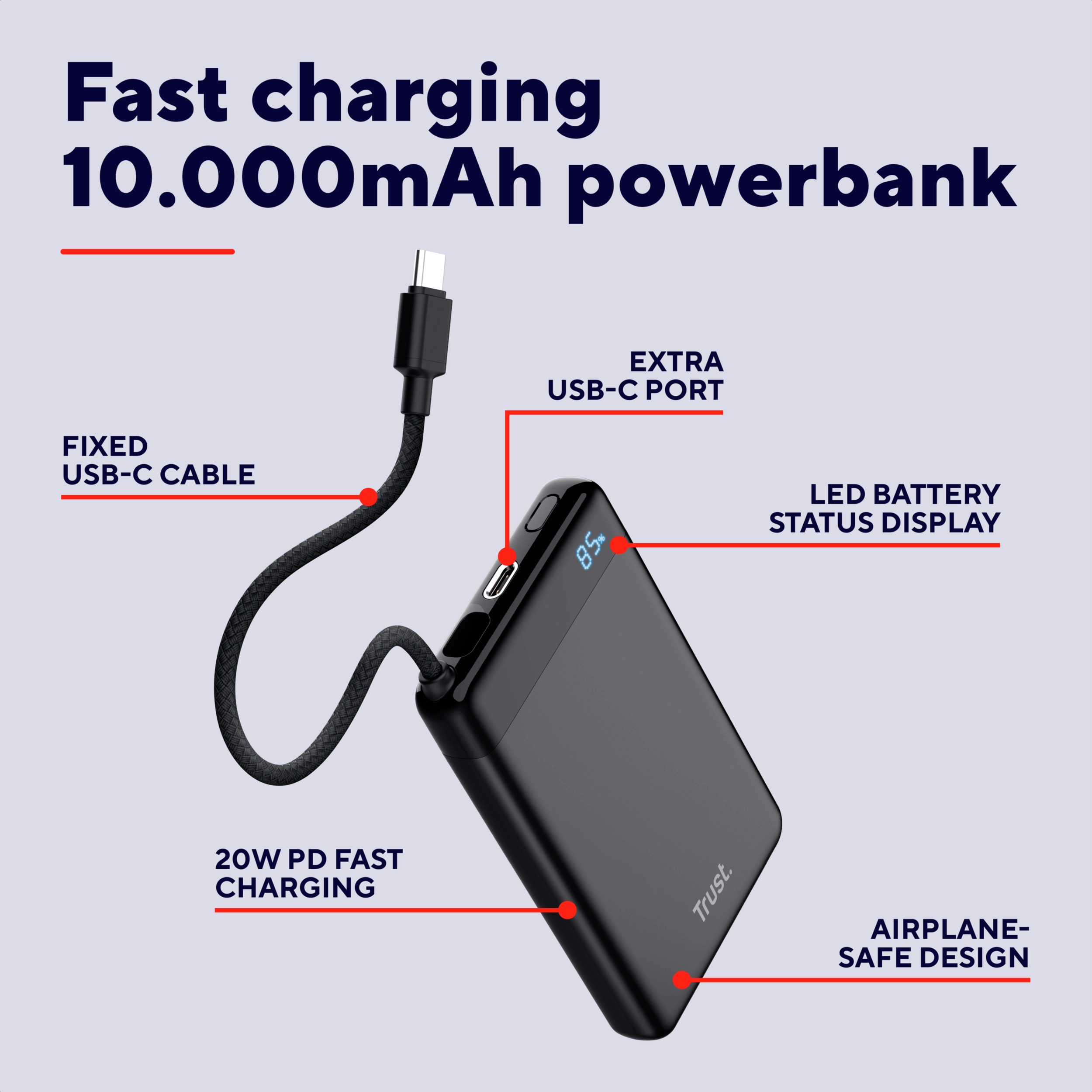 Портативное зарядное устройство power bank Trust Fiera, 10000мА·год, 2хUSB-C, 20W, PD/QC 3.0, Black фото 
