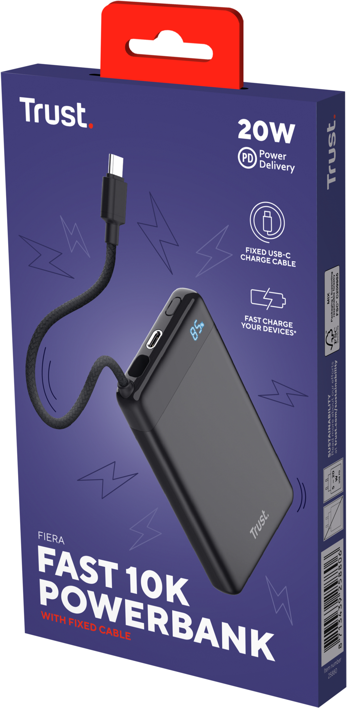 Портативное зарядное устройство power bank Trust Fiera, 10000мА·год, 2хUSB-C, 20W, PD/QC 3.0, Black фото 