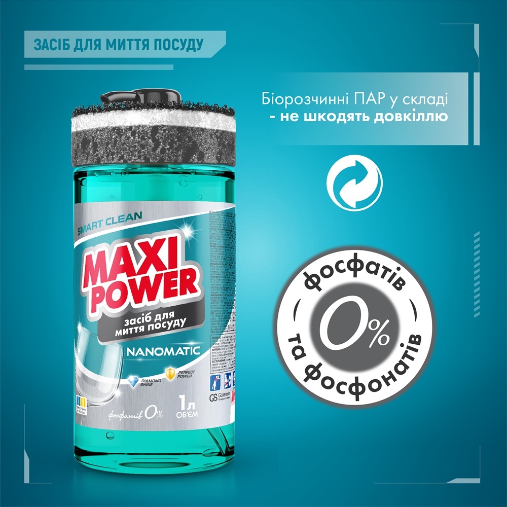 Гель Maxi Power Nanomatic для мытья посуды в посудомоечных машинах 1 л. фото 