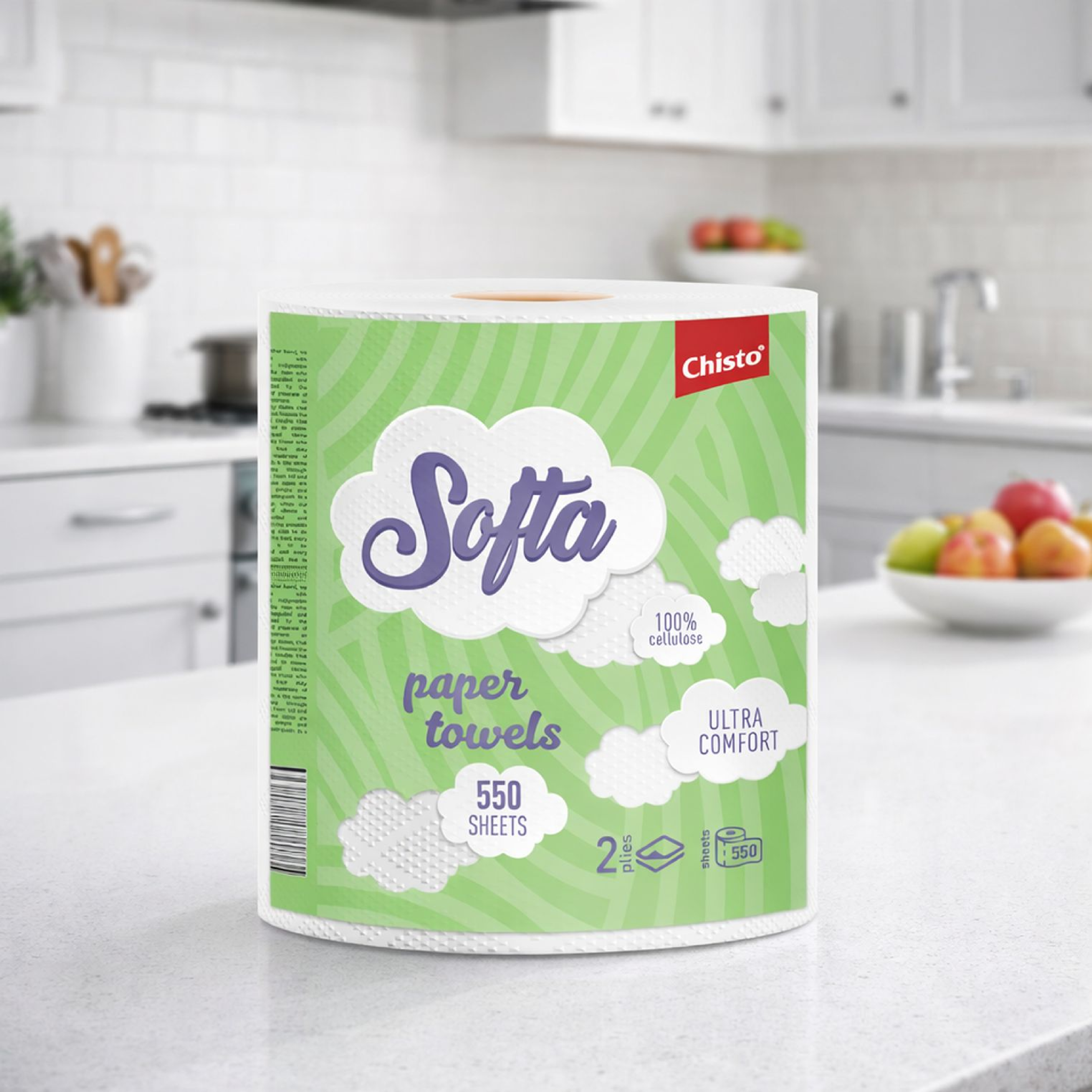 Полотенца целлюлозные Chisto Softa на двухслойные гильзе Белые 550 отрывов фото 