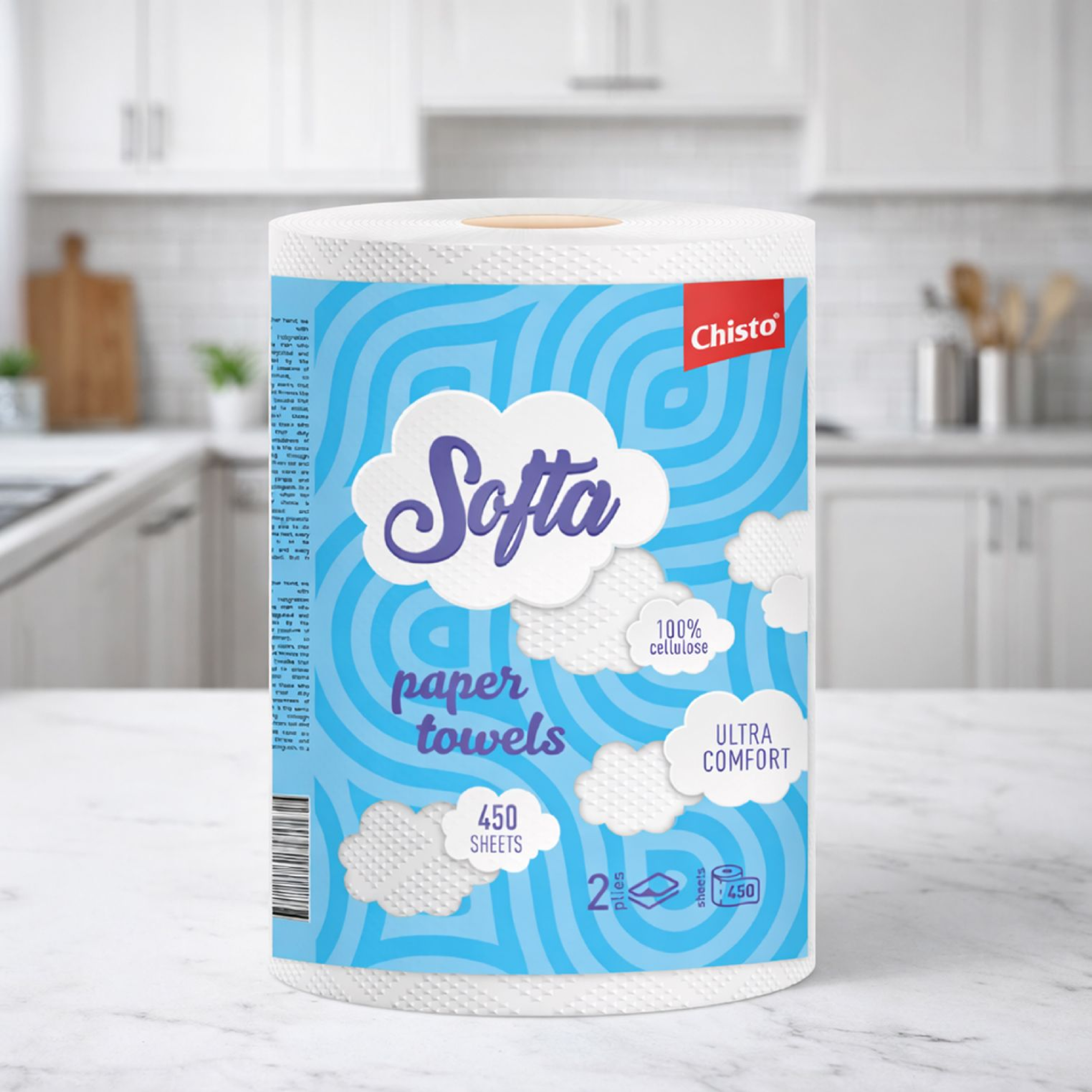 Полотенца целлюлозные Chisto Softa на двухслойные гильзе Белые 450 отрывов фото 