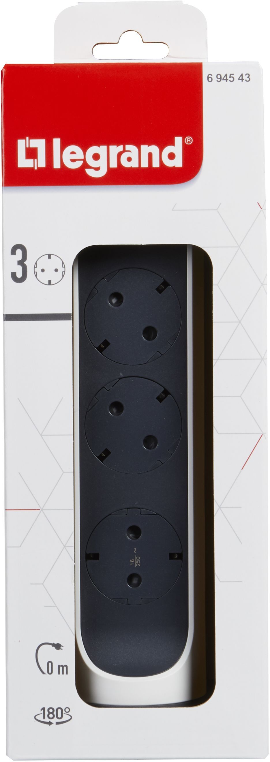 Удленитель Legrand ПРЕМИУМ поворотный 3х2К+З розетки 16 А, без кабеля, Белый/Черный(694543) фото 4