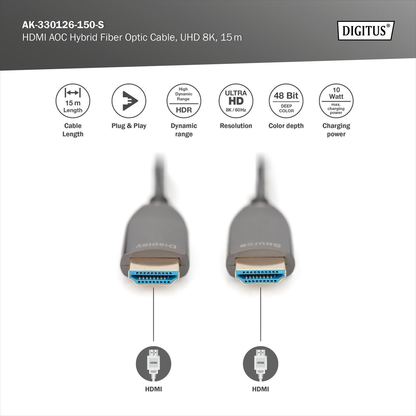 Кабель DIGITUS HDMI UHD 8K AOC Black (AK-330126-150-S)фото5