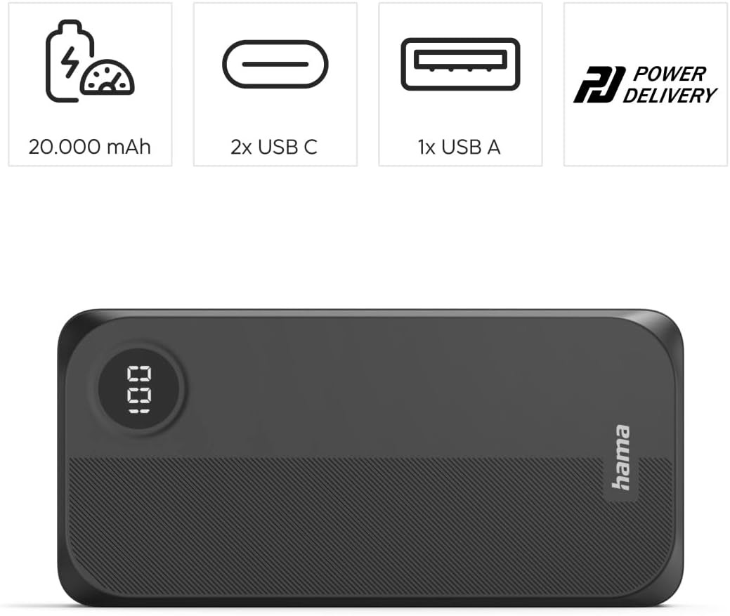 Акумулятор портативний літій-іонний Power Bank Hama 20000 мА·год, 2хUSB-C/USB-A, black (00201755)фото