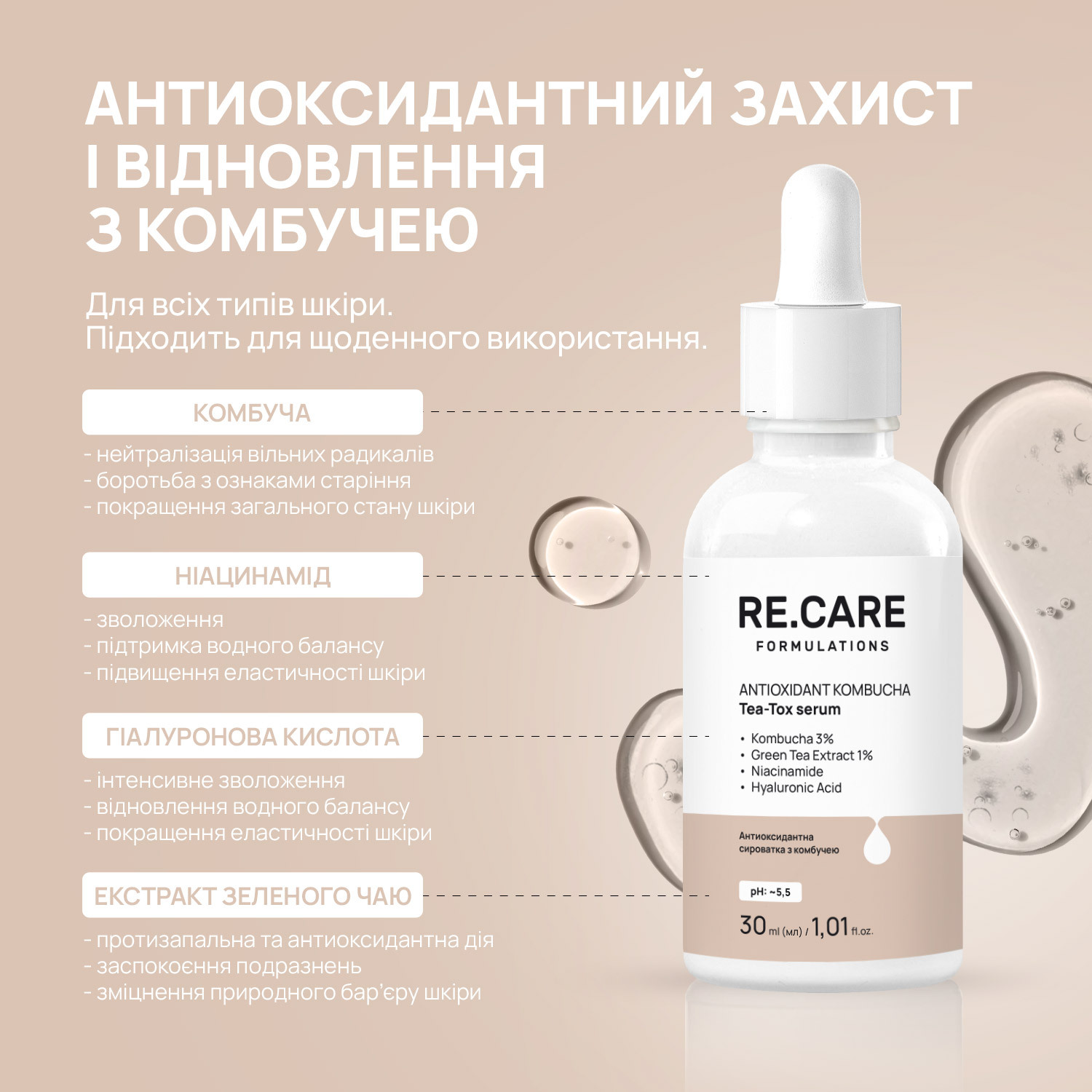 Антиоксидантна сироватка Re.Care Antioxidant Kombucha Tea-Tox Serum з комбучею 30 млфото