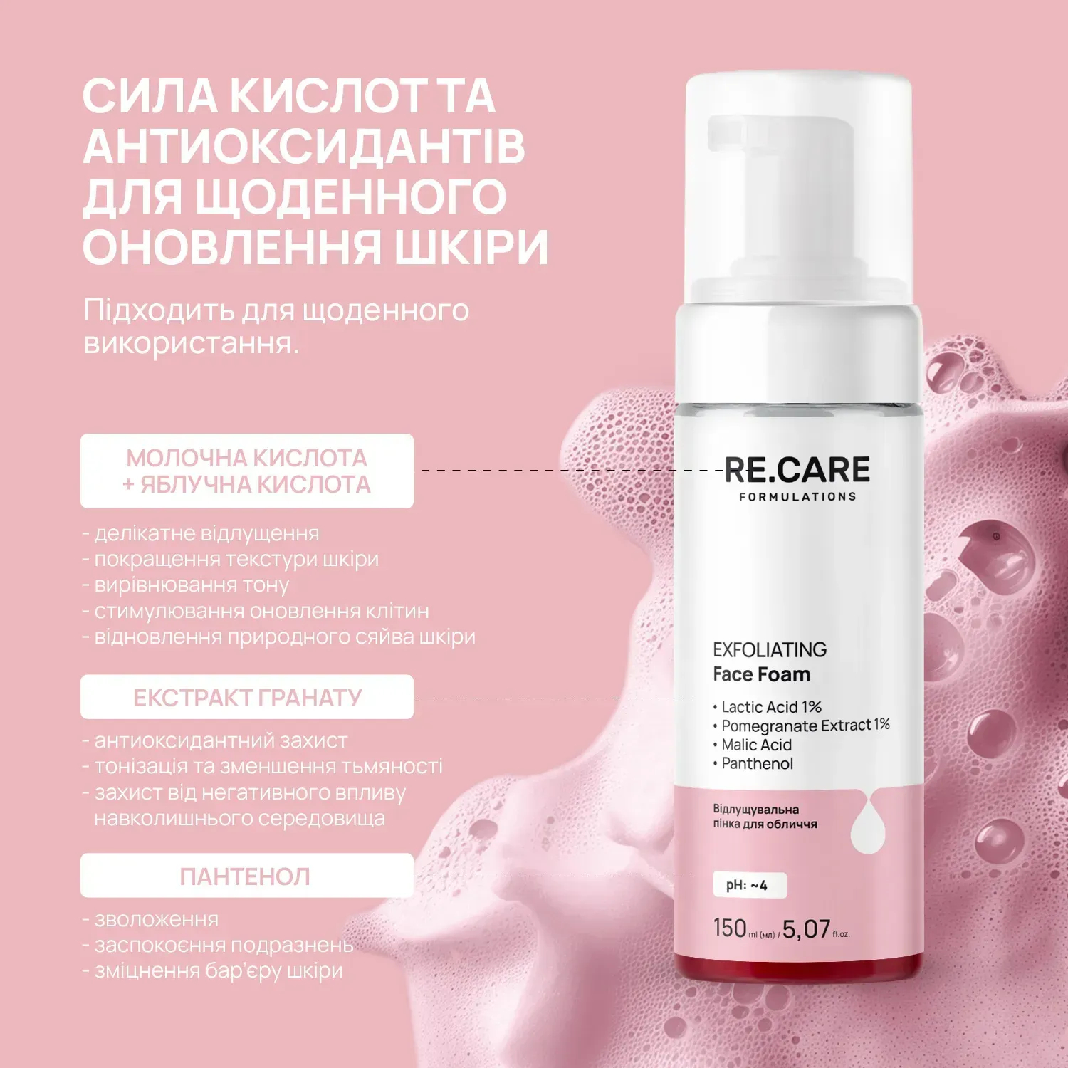 Пінка для обличчя Re.Care Exfoliating Face foam Відлущувальна 150 млфото