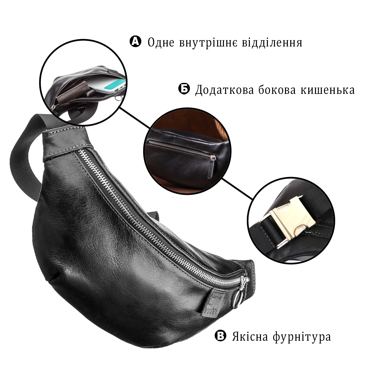 Сумка бананка кожаная Grande Pelle 11140 черная фото8