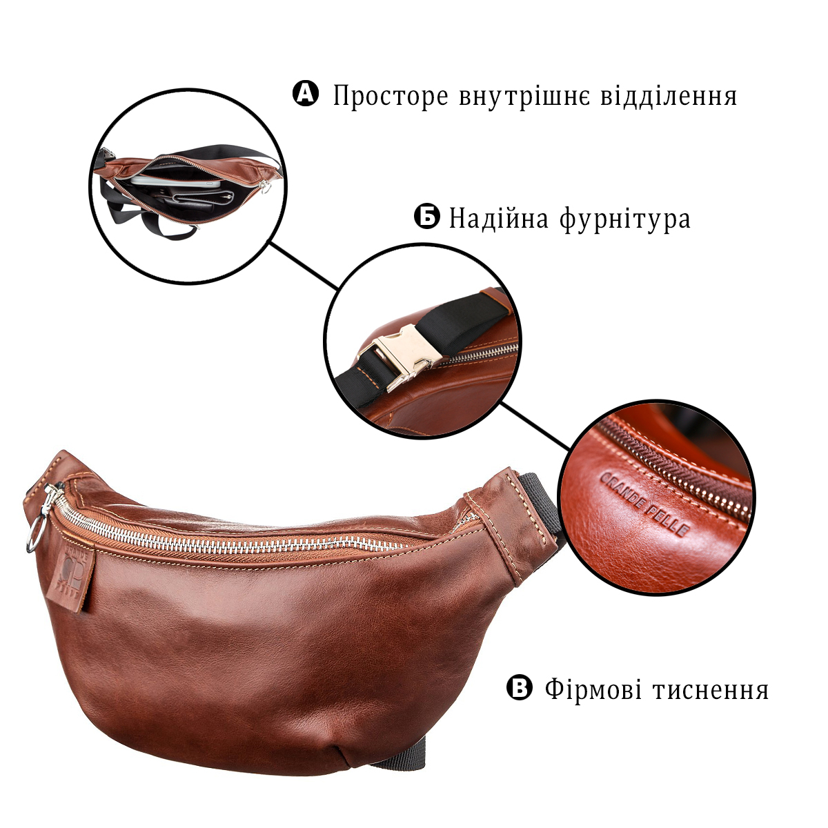 Сумка бананка кожаная Grande Pelle 11141 коричневая фото4