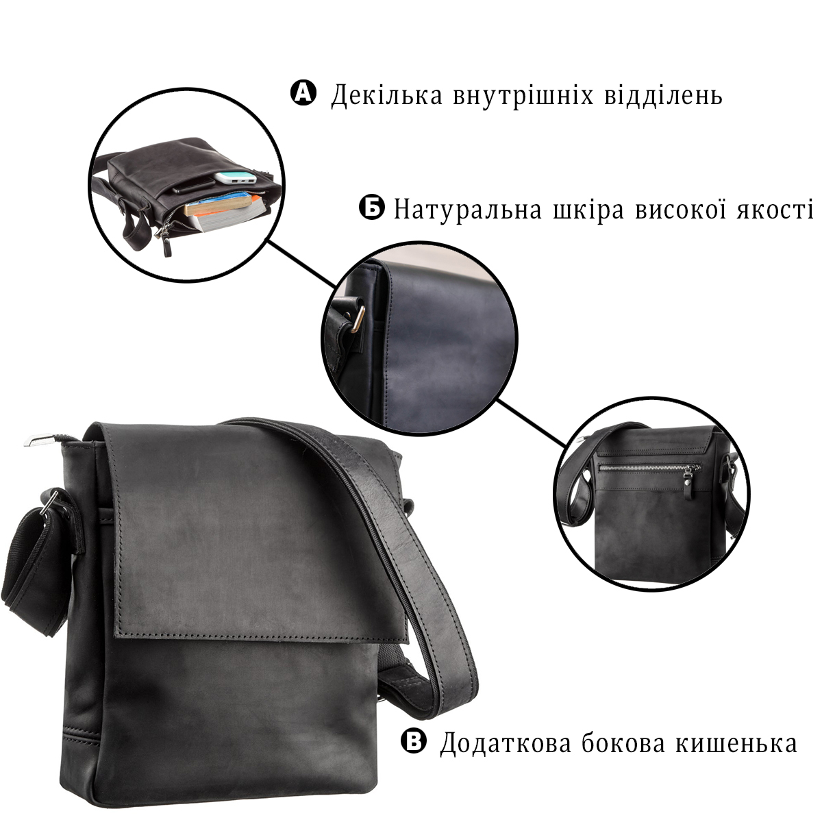 Сумка на плече чоловіча шкіряна Shvigel 11171 чорна фото4