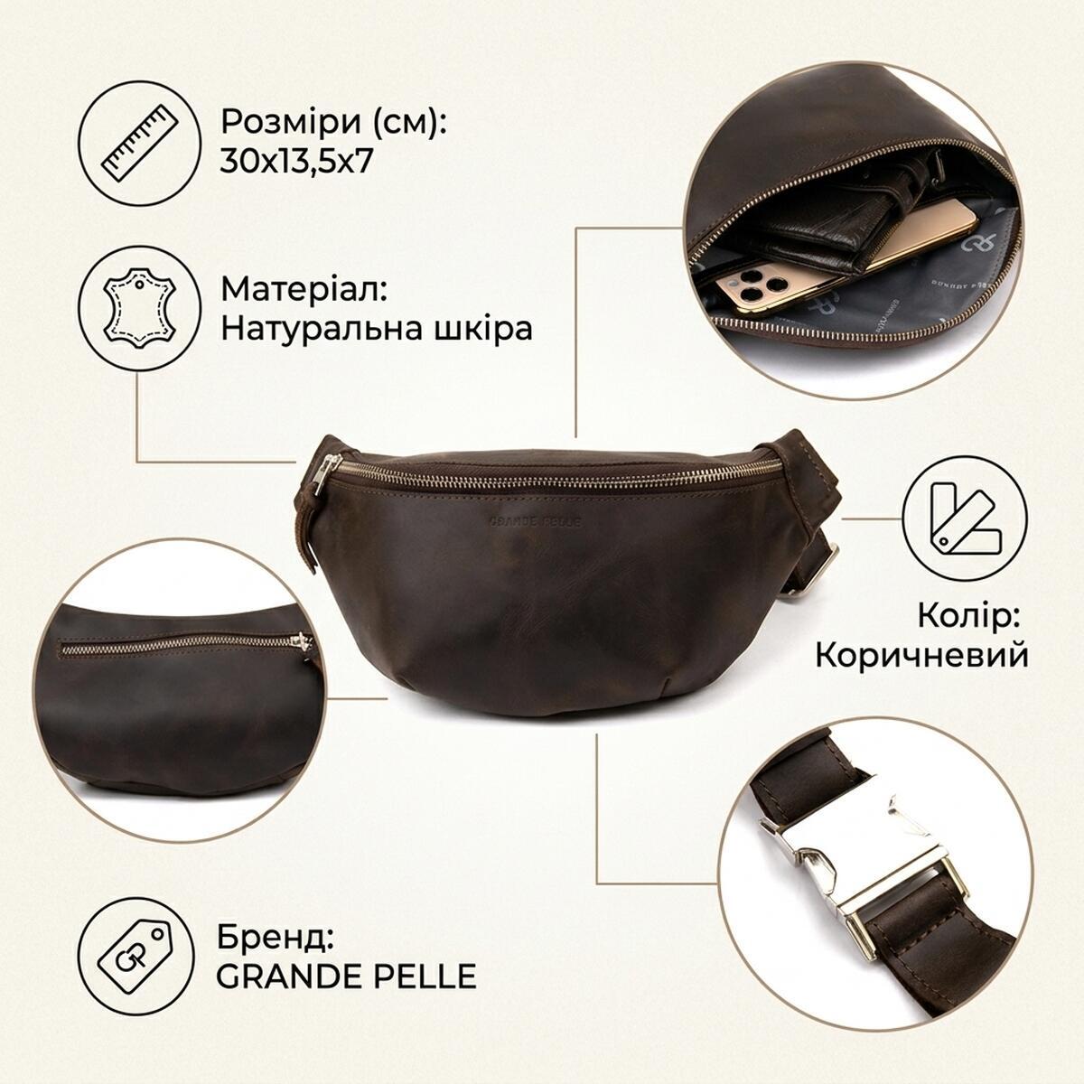 Сумка бананка мужская кожаная Grande Pelle 11154 коричневая фото3