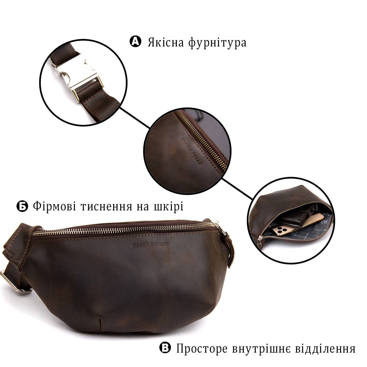 Сумка бананка мужская кожаная Grande Pelle 11154 коричневая фото8