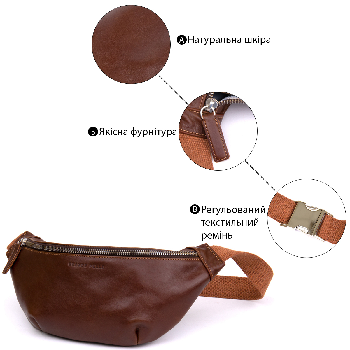 Сумка на пояс кожаная Grande Pelle 11315 рыжая фото4