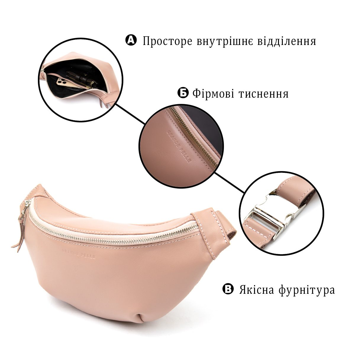 Сумка бананка шкіряна Grande Pelle 11359 рожева фото4