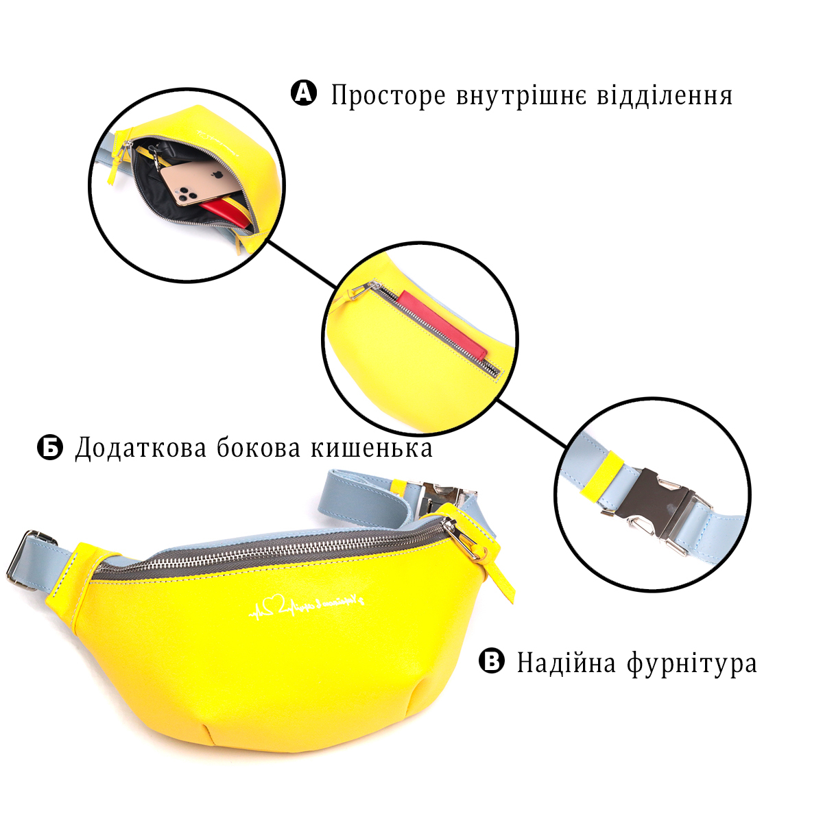 Сумка бананка шкіряна Grande Pelle 16760 жовто-блакитна фото4