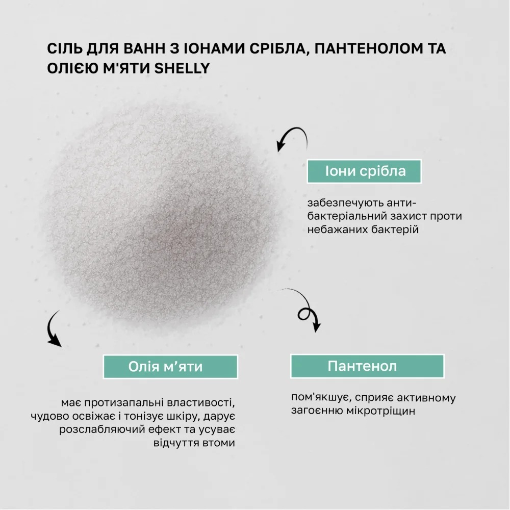 Соль для ванн Shelly с ионами серебра, пантенолом и маслом мяты 550 г фото 