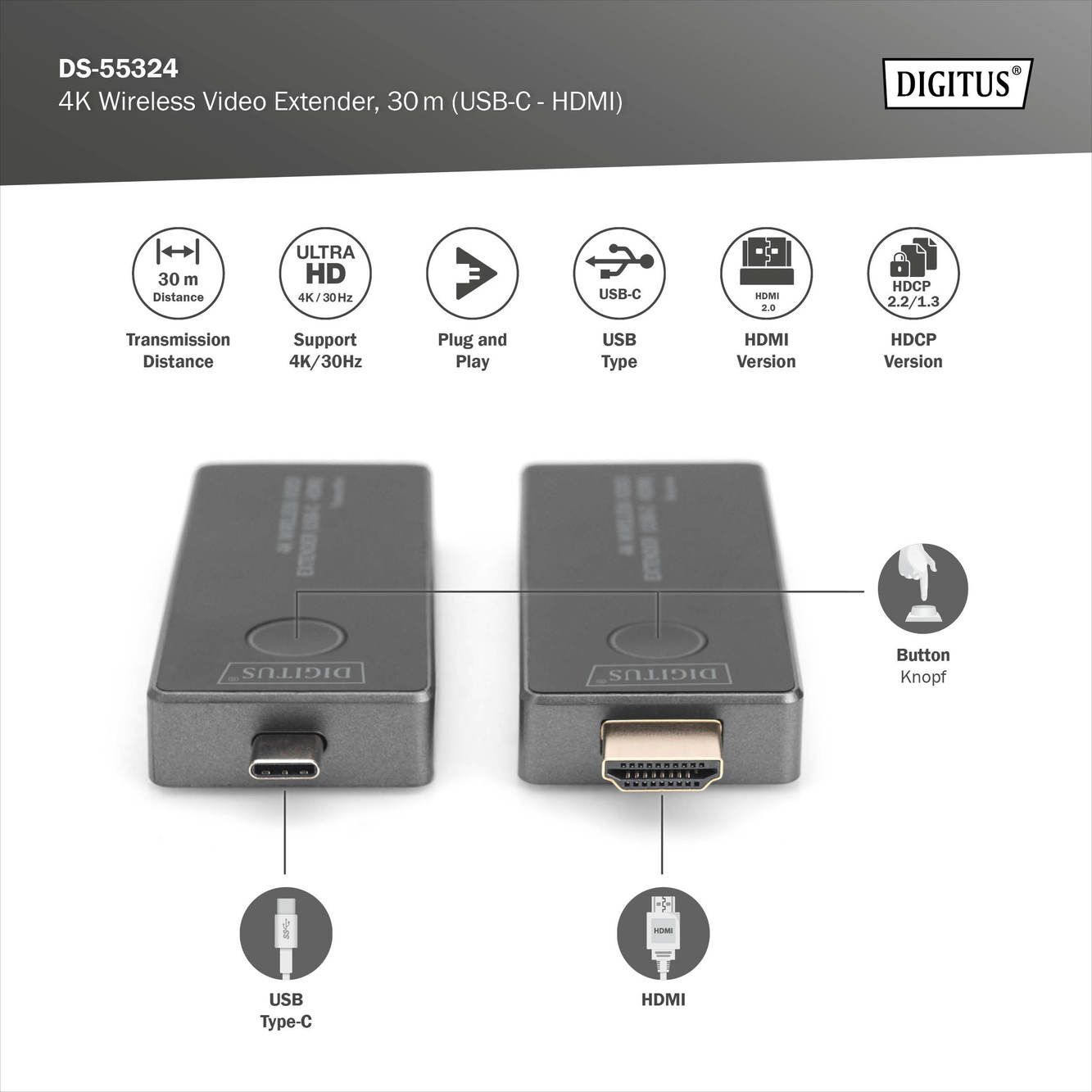 Беспроводной удлинитель DIGITUS USB-C - HDMI, 4K UHD, 30 м (DS-55324) фото 