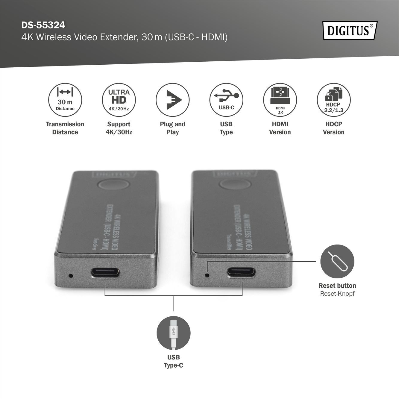 Беспроводной удлинитель DIGITUS USB-C - HDMI, 4K UHD, 30 м (DS-55324) фото 
