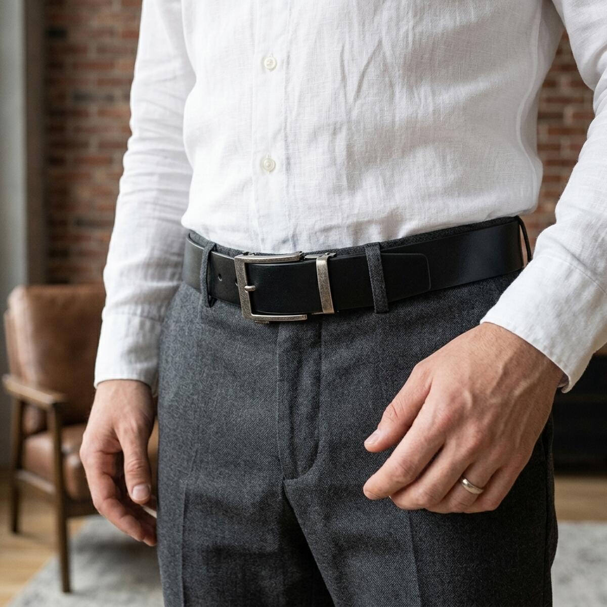 Ремень мужской кожаный Vintage 20379 черный фото2