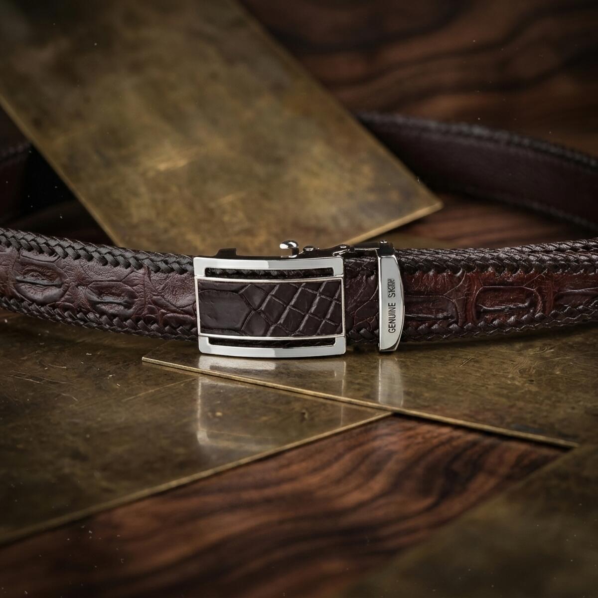 Ремень мужской кожаный Crocodile Leather 18171 коричневый фото4