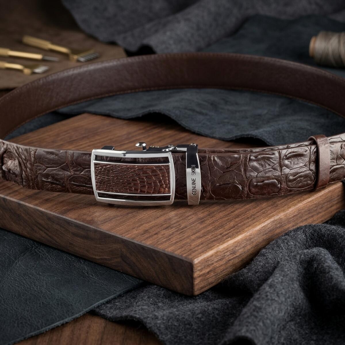 Ремень мужской кожаный Crocodile Leather 18240 коричневый фото15