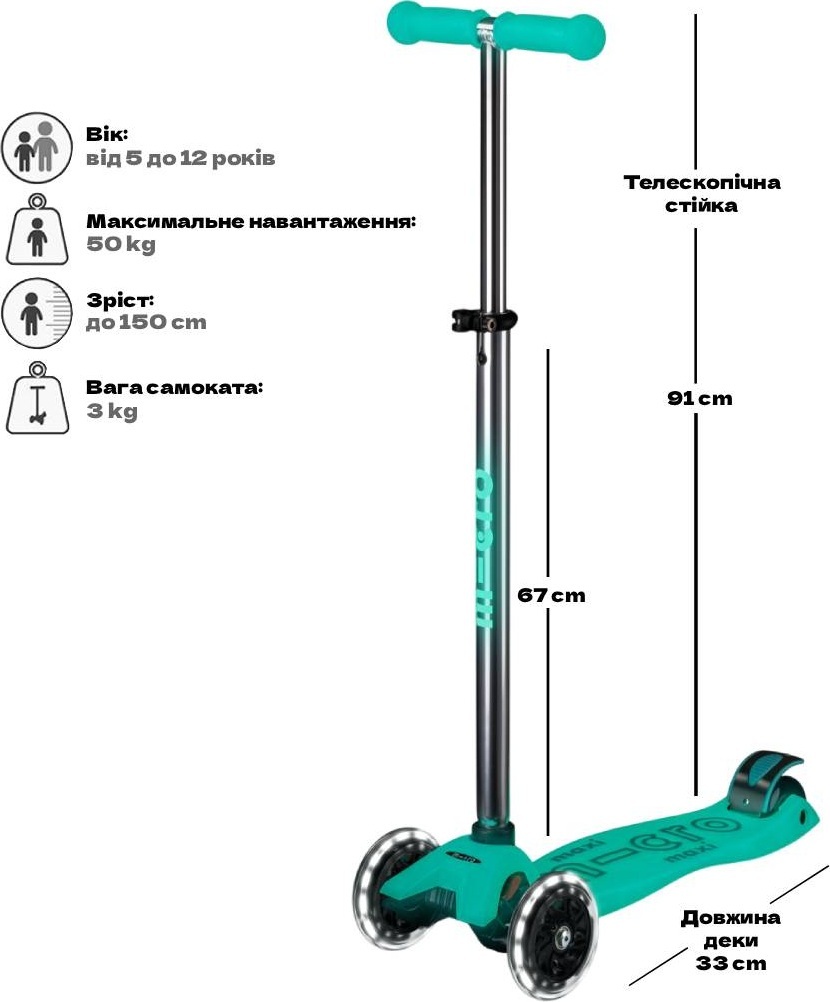 Самокат Micro серии Maxi Deluxe Glow LED – Желейный Зеленый (до 50 kg, 3-х колесный, светло) фото 