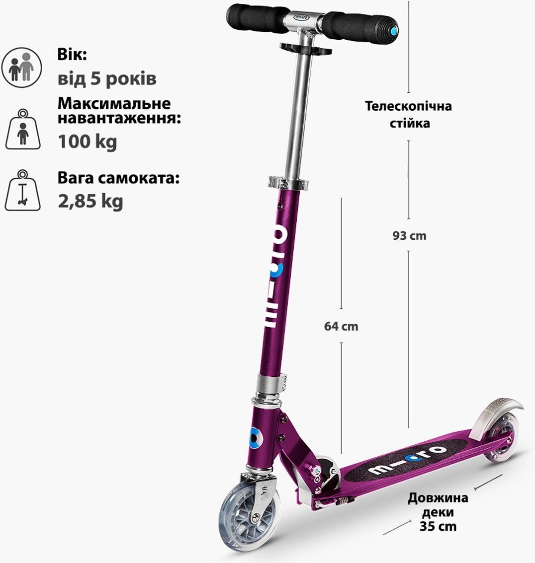 Самокат Micro серії Sprite - Пурпуровий Металік (складаний, до 100 kg, двоколісний)фото