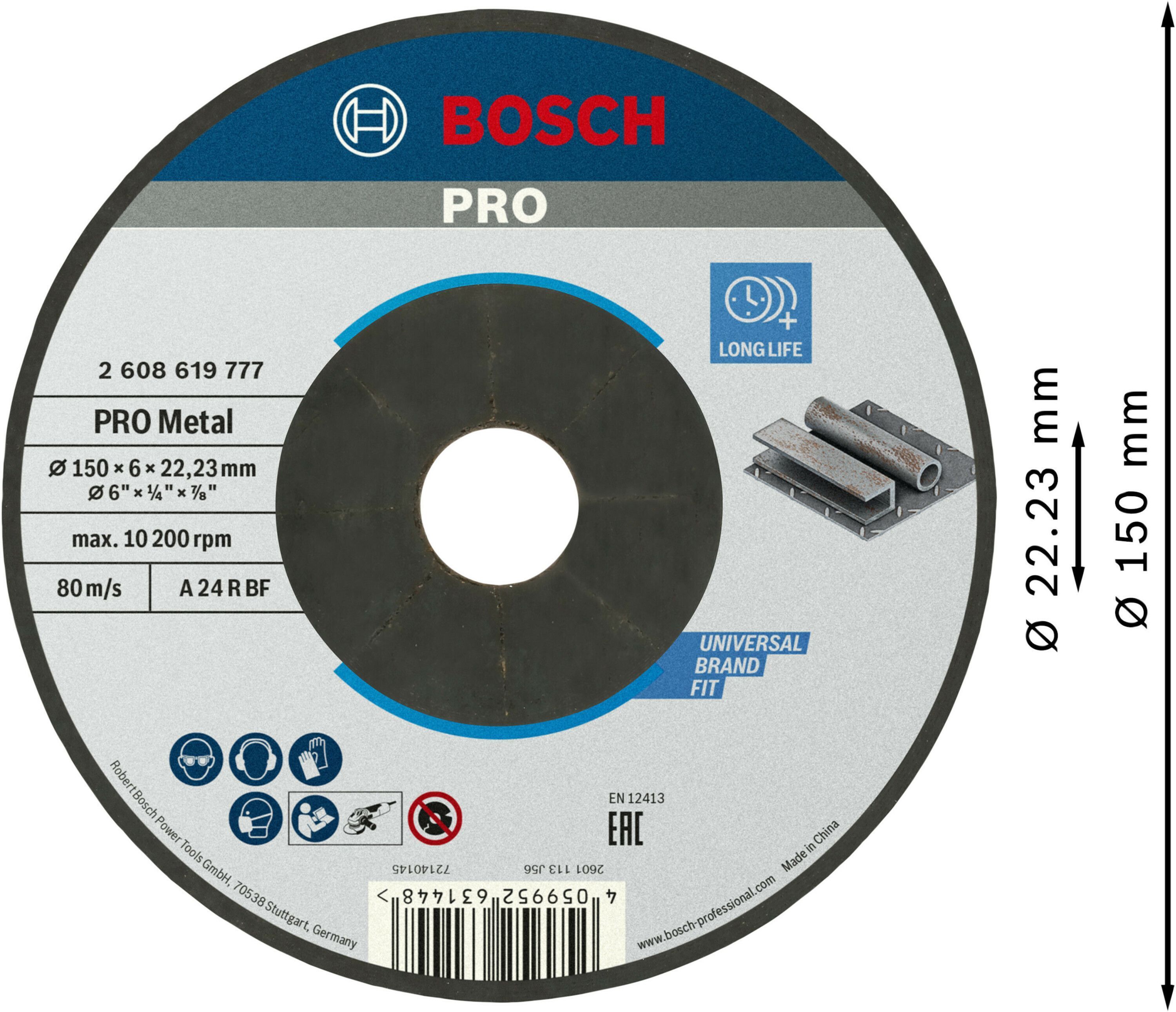 Диск шлифовальный Bosch Professional для металла 150x6x22.23мм (2.608.619.777) фото 