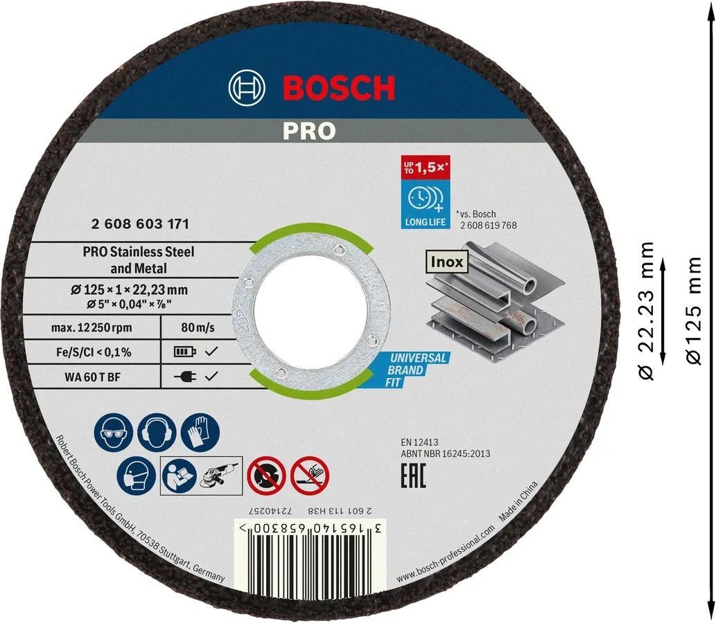 Диск відрізний Bosch Professional для нержавіючої сталі та металу, 125x1x22.23мм, 100шт (2.608.626.113)фото