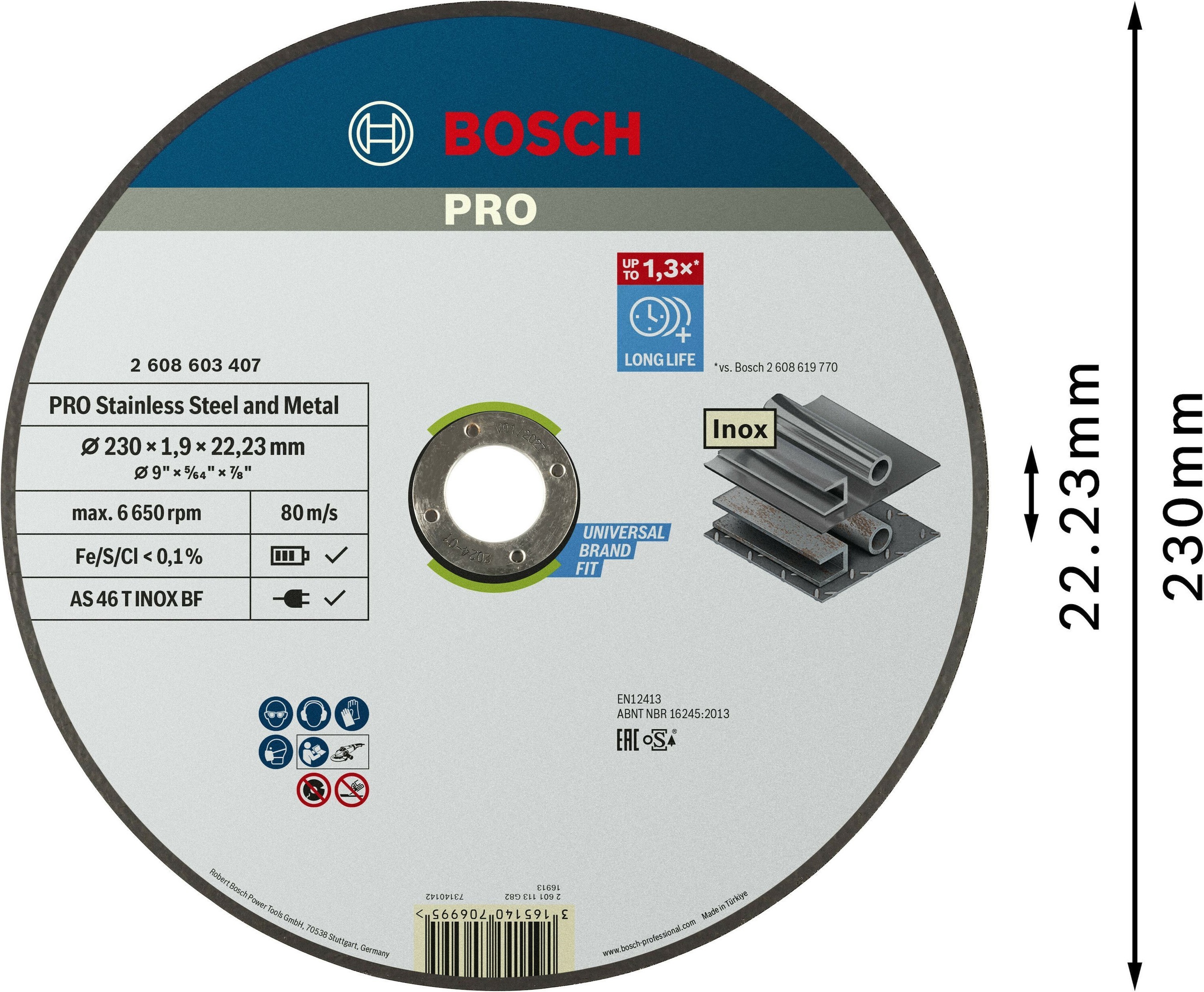 Диск отрезной Bosch Professional для нержавеющей стали и металла 230x1.9x22.23мм (2.608.603.407) фото 