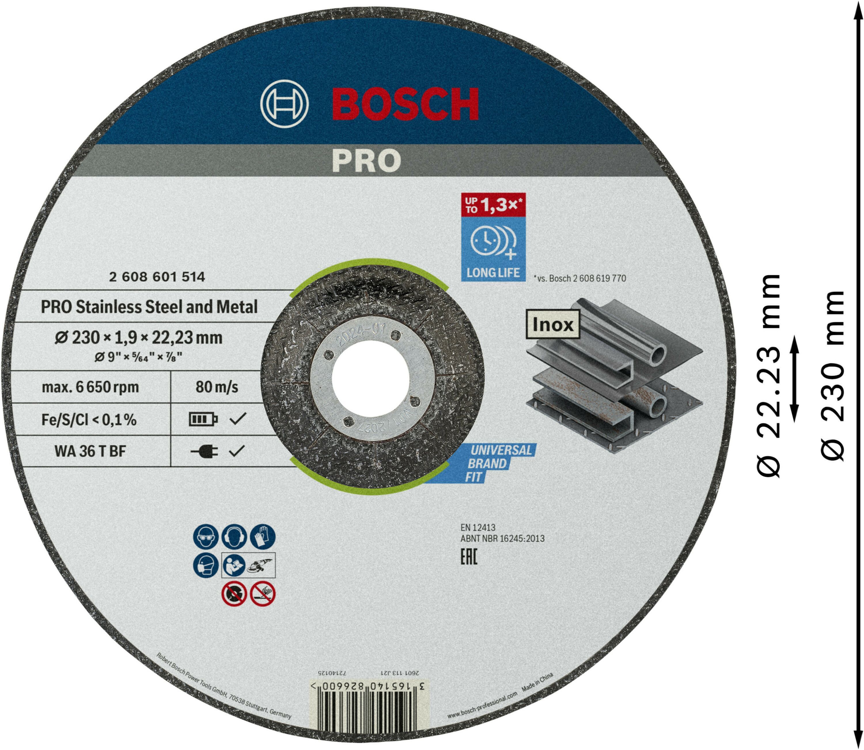 Диск отрезной Bosch Professional для нержавеющей стали и металла 230x1.9x22.23мм (2.608.601.514) фото 