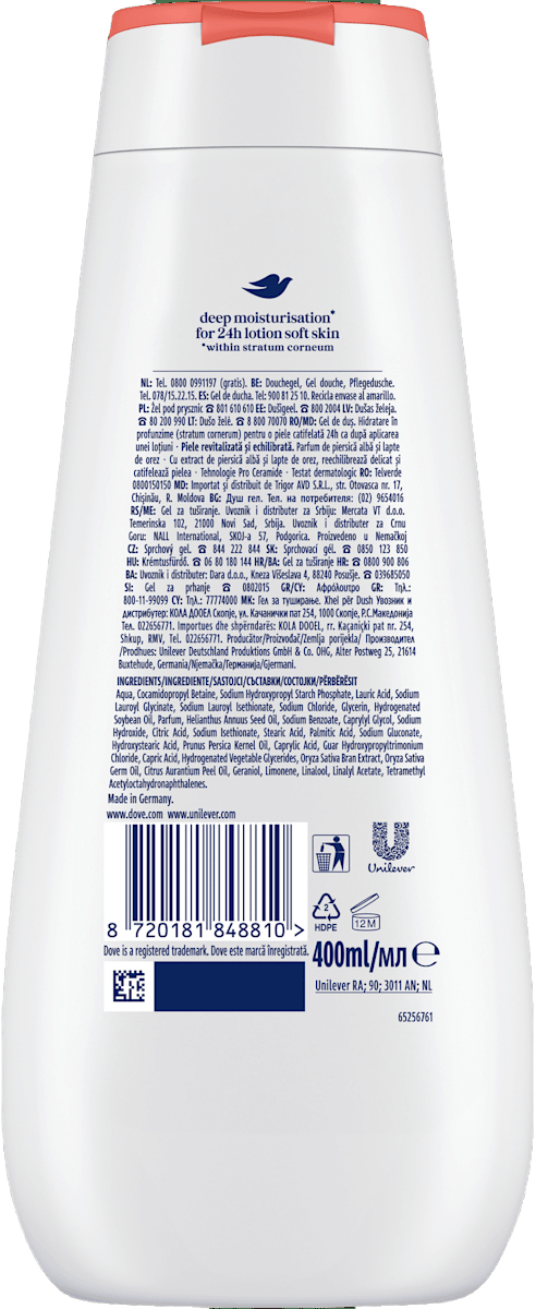 Гель для душа Dove Advanced care Белый персик и рисовое молочко 400 мл фото 