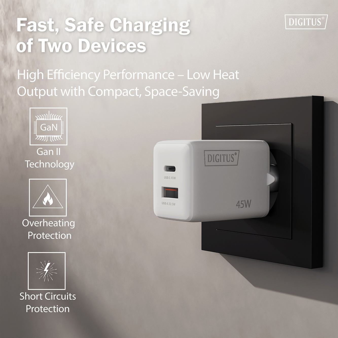 Зарядний пристрій Digitius 1хUSB-C, 1хUSB-A, 45W, GaN (DA-10302)фото