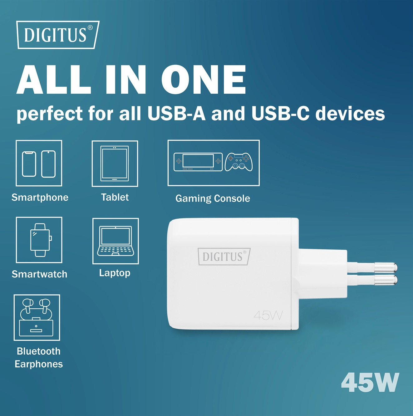 Зарядний пристрій Digitius 1хUSB-C, 1хUSB-A, 45W, GaN (DA-10302)фото