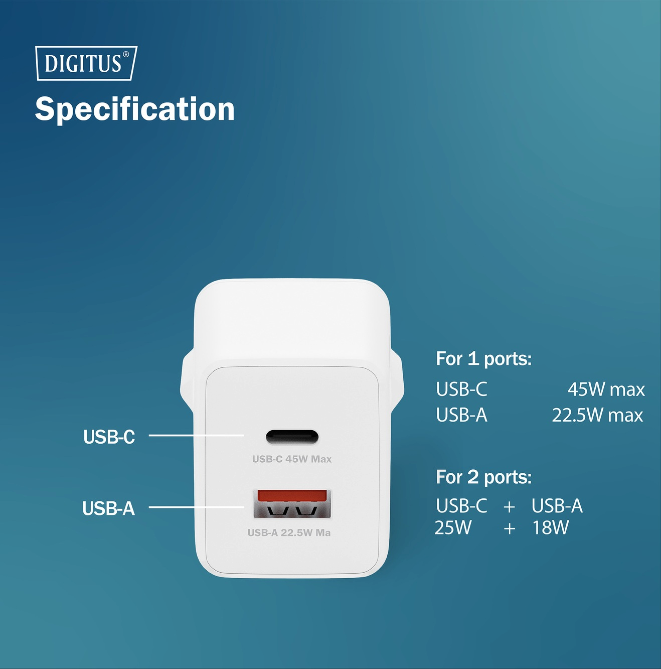 Зарядний пристрій Digitius 1хUSB-C, 1хUSB-A, 45W, GaN (DA-10302)фото