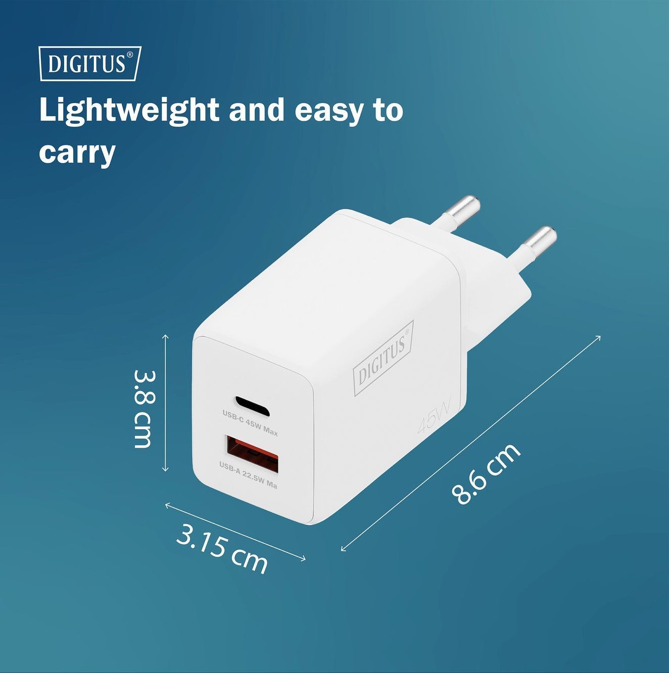 Зарядний пристрій Digitius 1хUSB-C, 1хUSB-A, 45W, GaN (DA-10302)фото