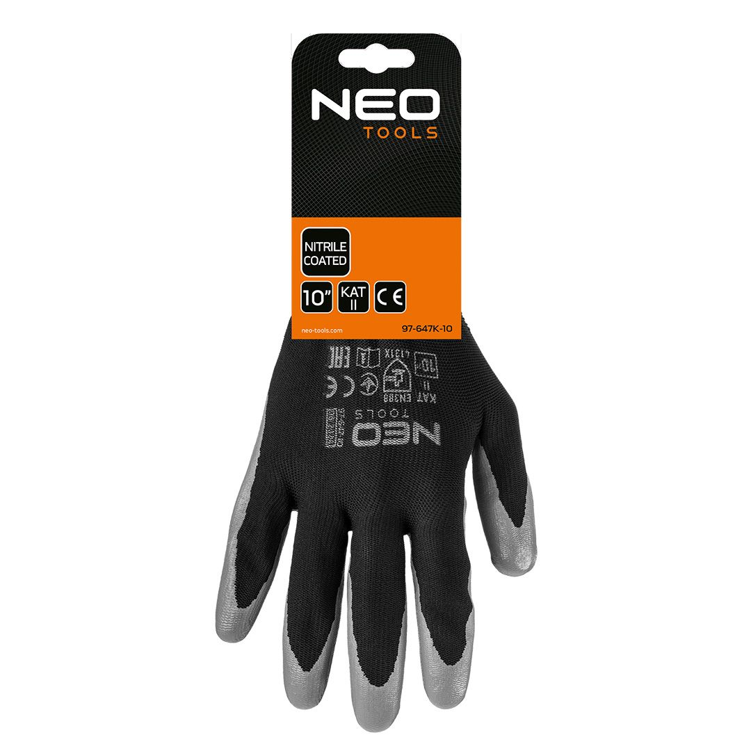 Рукавички робочі Neo Tools поліестер з нітриловим покриттям, р.10, сіро-чорний (97-647K-10)фото